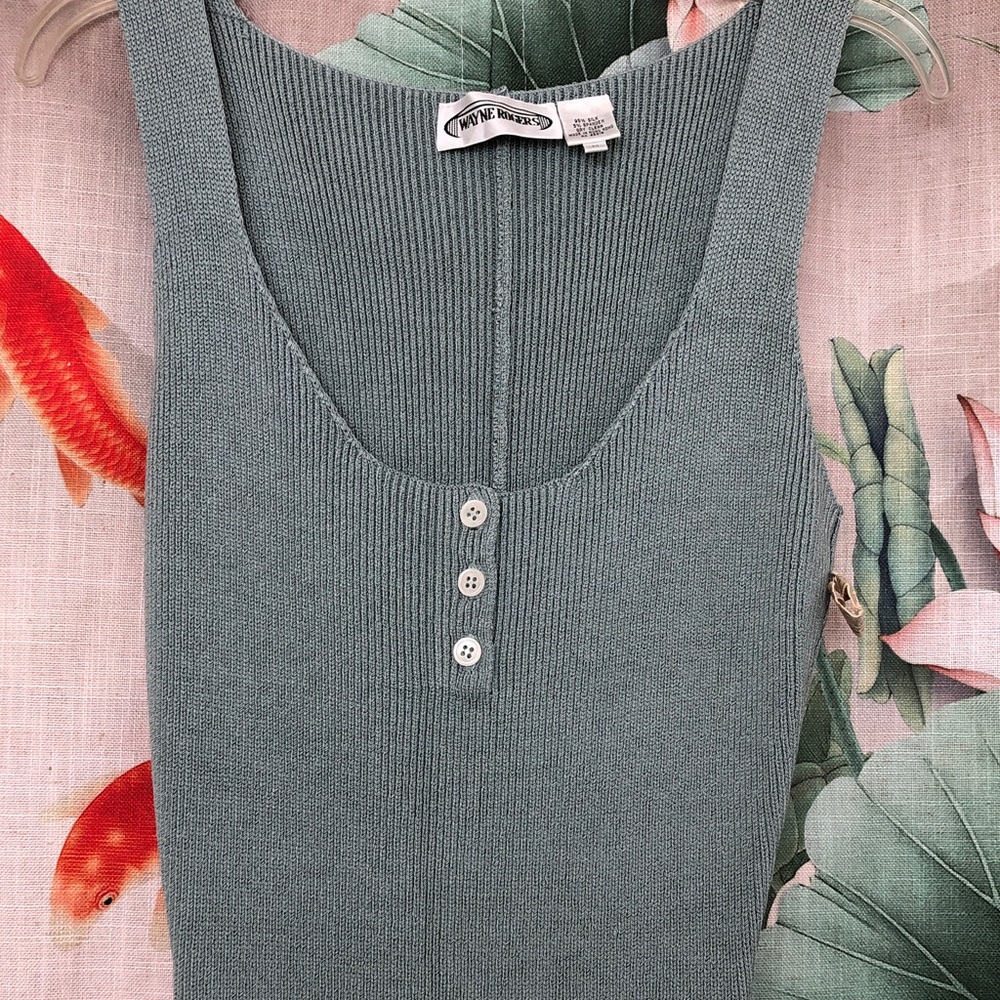 Vintage Sleeveless Maxi Knit Dress in Sage Green with Colorblock Hem - Picture 3 of 11